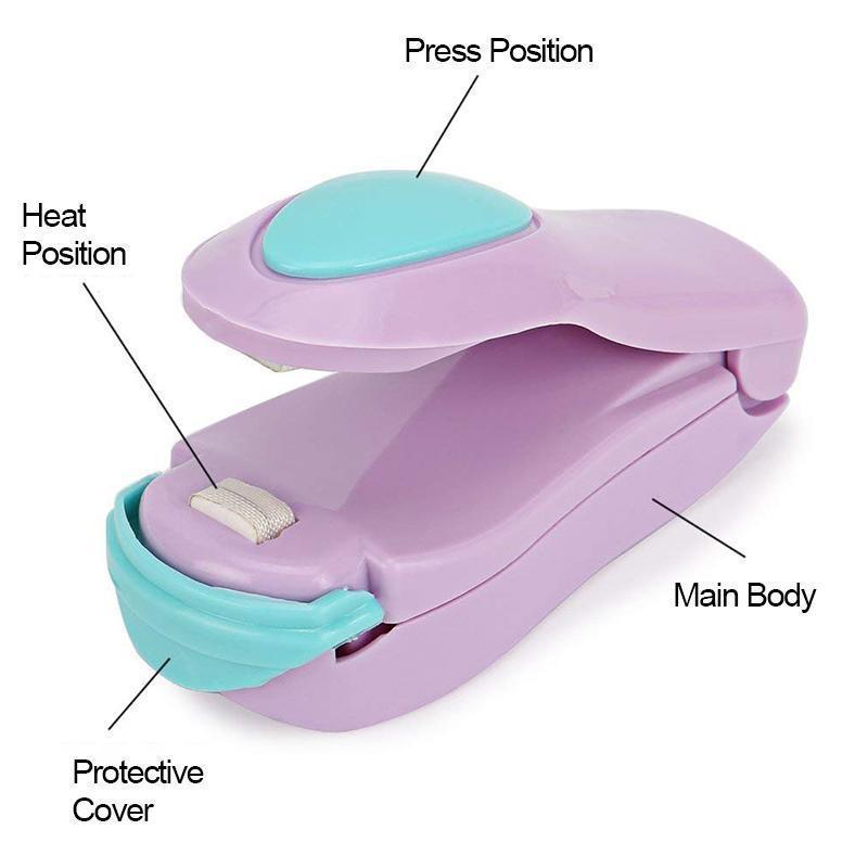 Handheld portable food sealer in action, sealing a plastic food bag to preserve freshness and prevent waste.