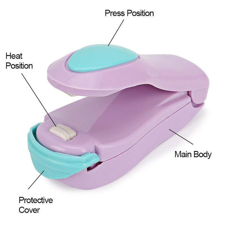 Handheld portable food sealer in action, sealing a plastic food bag to preserve freshness and prevent waste.