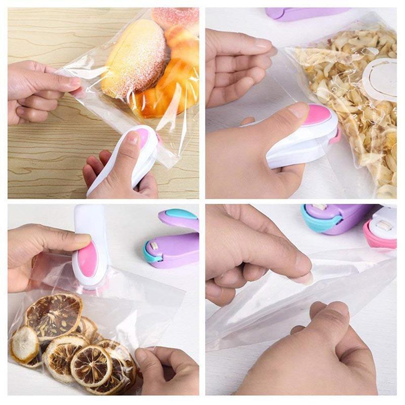 Close-up of the mini food bag heat sealer's sealing mechanism, showing a secure, airtight seal on a snack bag.