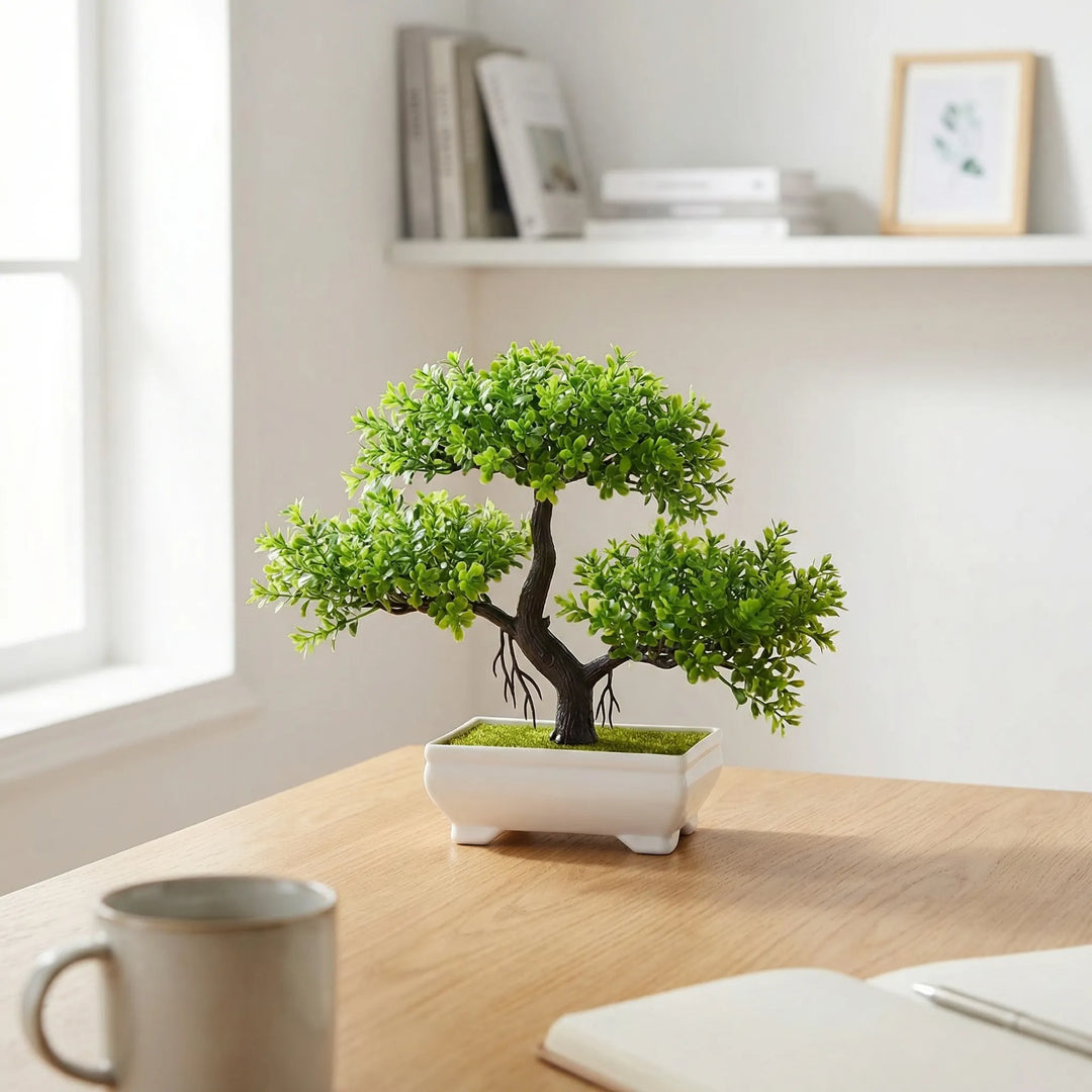 Mini sculpted tabletop tree, lifelike faux plant, effortless home decor for any room.