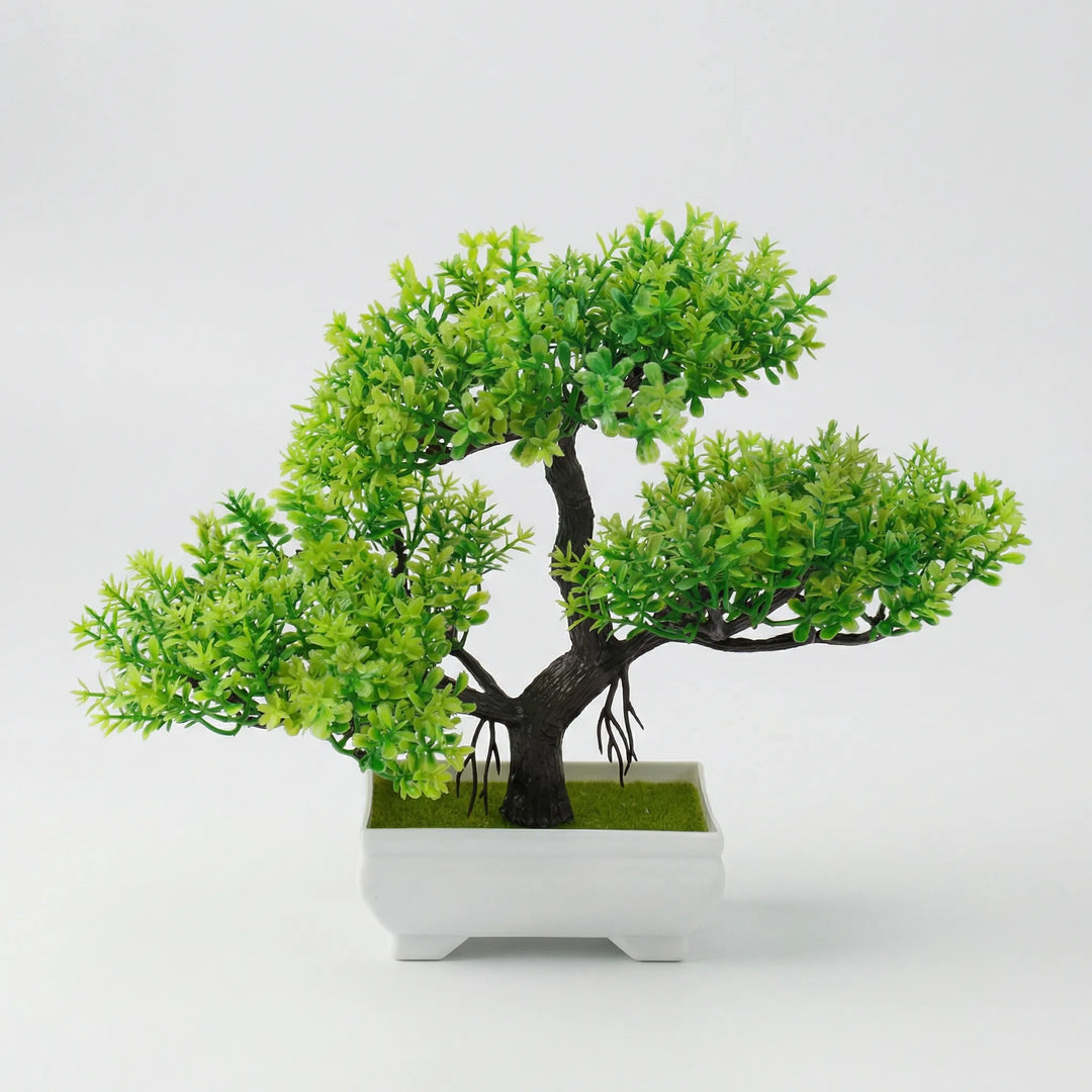 Maintenance-free tabletop tree, sculpted design, perfect faux plant for any space.