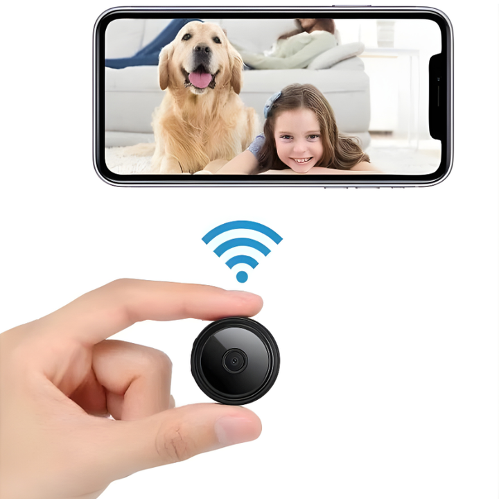 Mini wireless security camera with HD video, audio live feed & night vision for home surveillance.