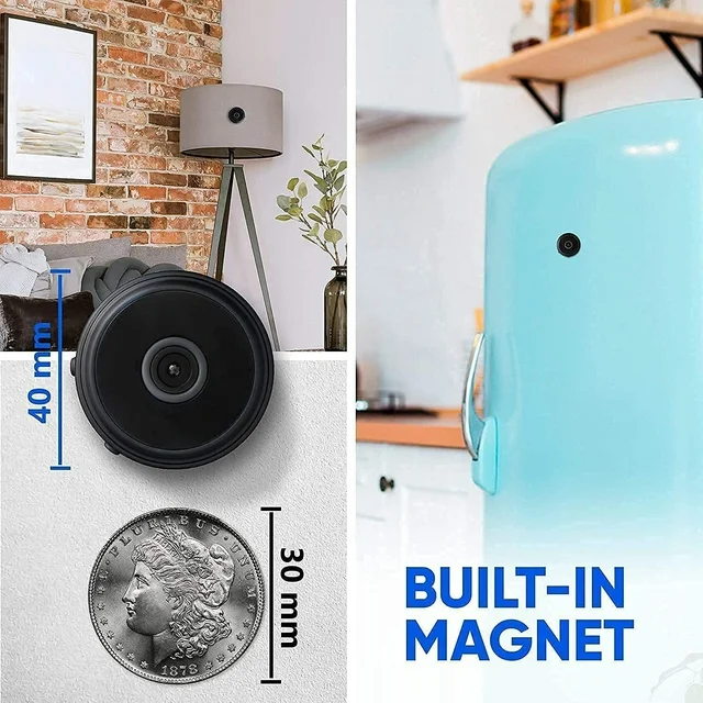Magnetic mini wireless security camera for easy placement, offering live feed & motion detection.