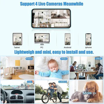 Wireless mini camera for baby & pet monitoring, with HD video, night vision & live feed.