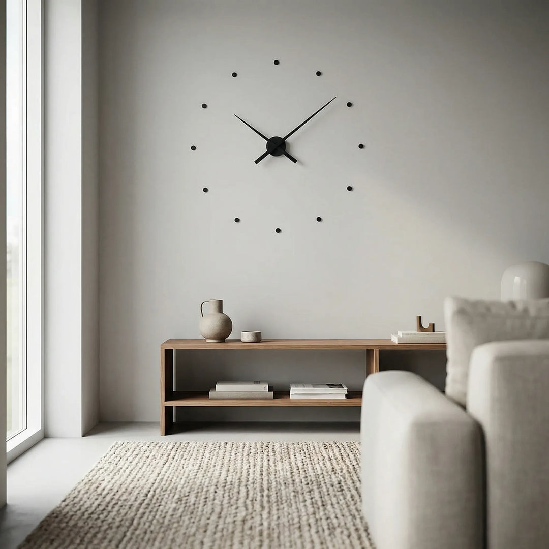 Minimalist modern wall clock with silent mechanism, perfect for contemporary living room or office decor.