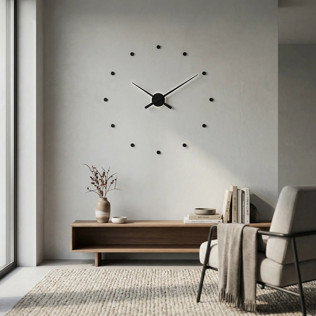 Large modern wall clock with a minimalist design, enhancing stylish home decor in living rooms.