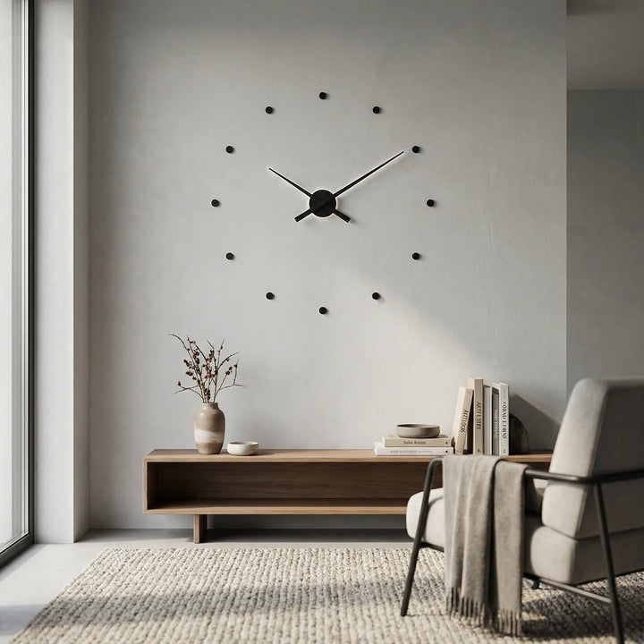 Large modern wall clock with a minimalist design, enhancing stylish home decor in living rooms.