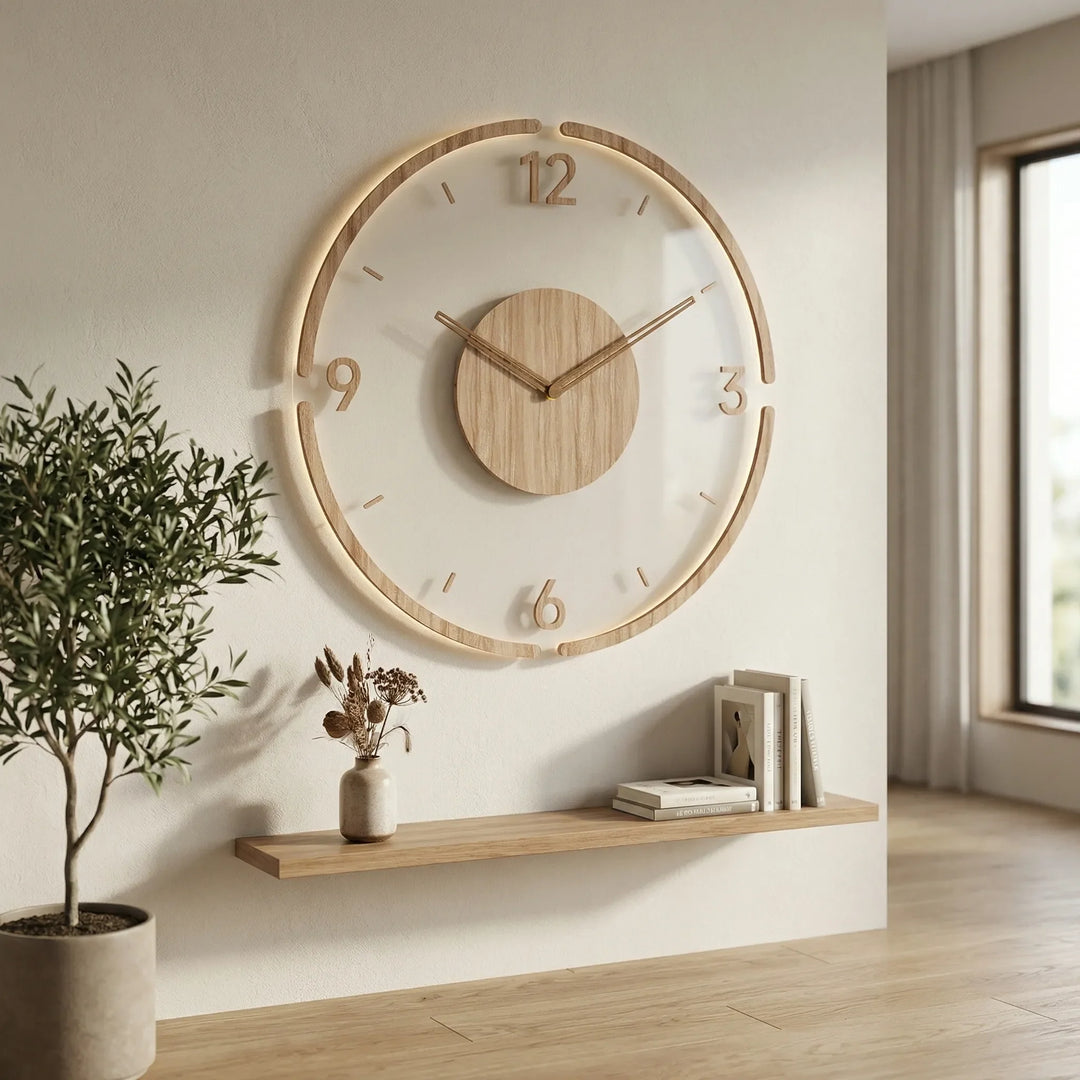 Minimalist round wall clock, silent, sleek design for modern home decor. Perfect Scandinavian timepiece.