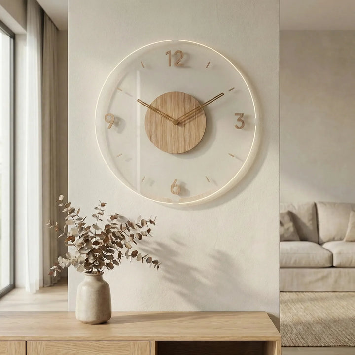 Silent round wall clock with minimalist design, enhances contemporary interior spaces.