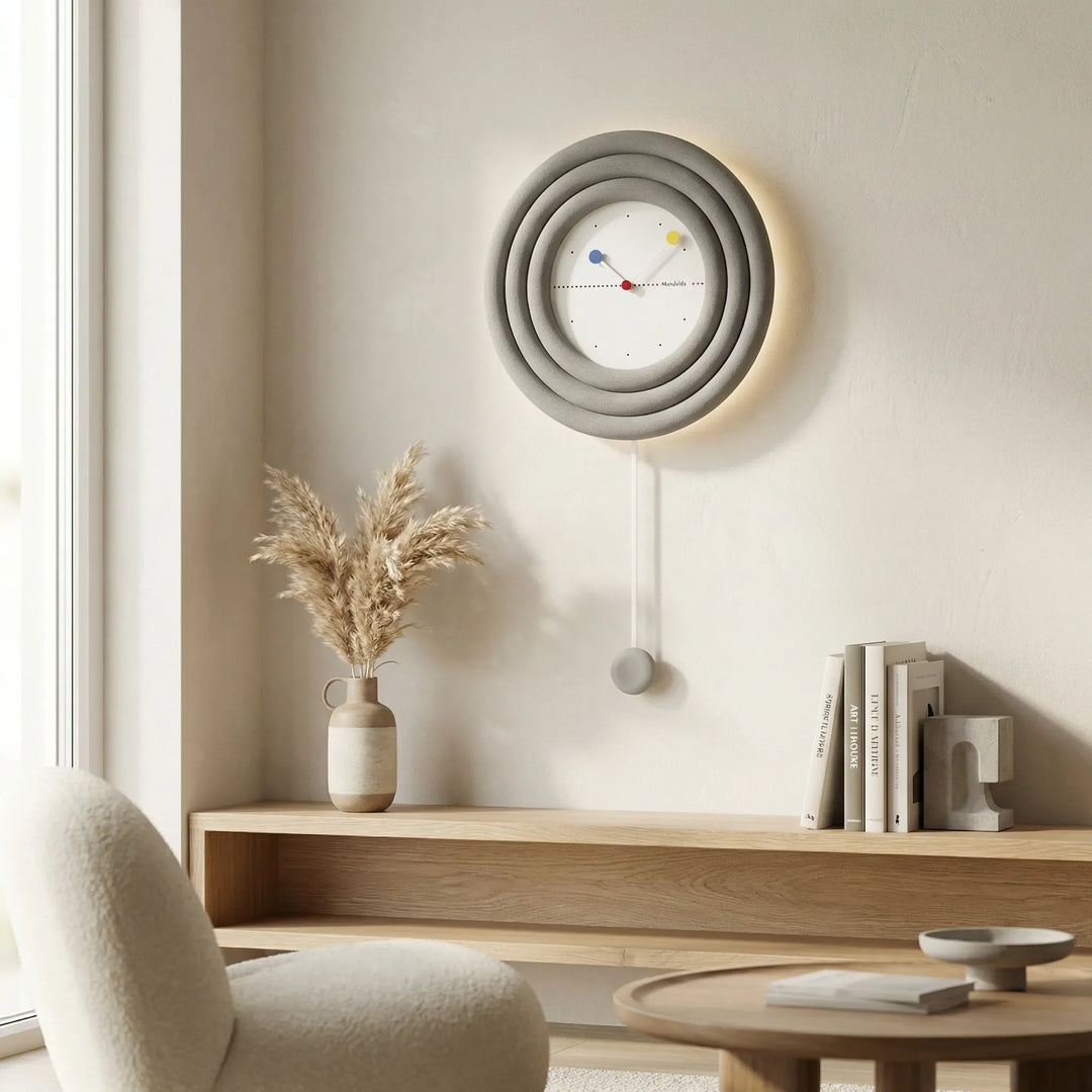Minimalist round wall clock with silent pendulum, perfect for modern living room decor. Contemporary accent piece.
