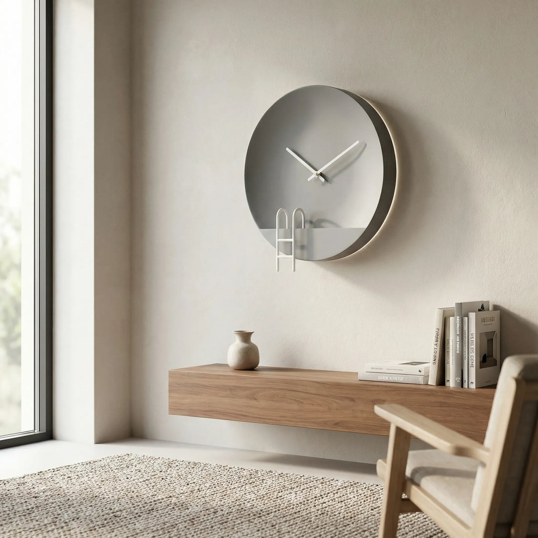 Minimalist silent round gray wall clock for modern home decor. Contemporary battery-operated timepiece, perfect for quiet spaces.