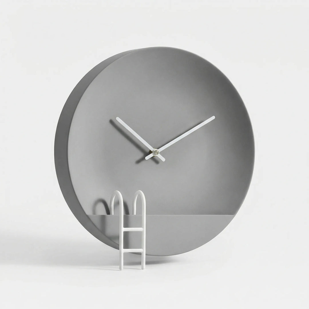 Stylish silent round wall clock with a minimalist design. Modern gray timepiece for contemporary home decor, battery-operated.