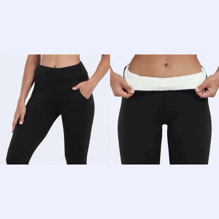 Model stretching in women's thermal fleece-lined leggings, demonstrating flexibility for activewear