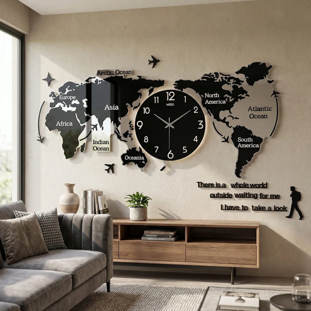 3D wall clock as map wall art. Modern, unique, and oversized statement clock for contemporary spaces.