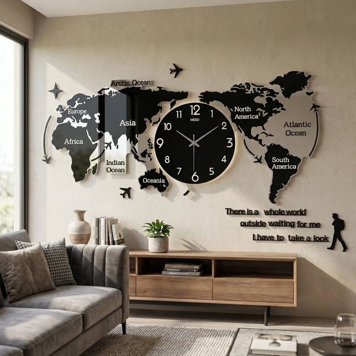 3D wall clock as map wall art. Modern, unique, and oversized statement clock for contemporary spaces.