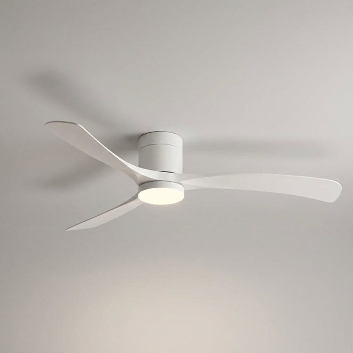 Sleek modern ceiling fan with LED light. Quiet operation, remote control for efficient air circulation.