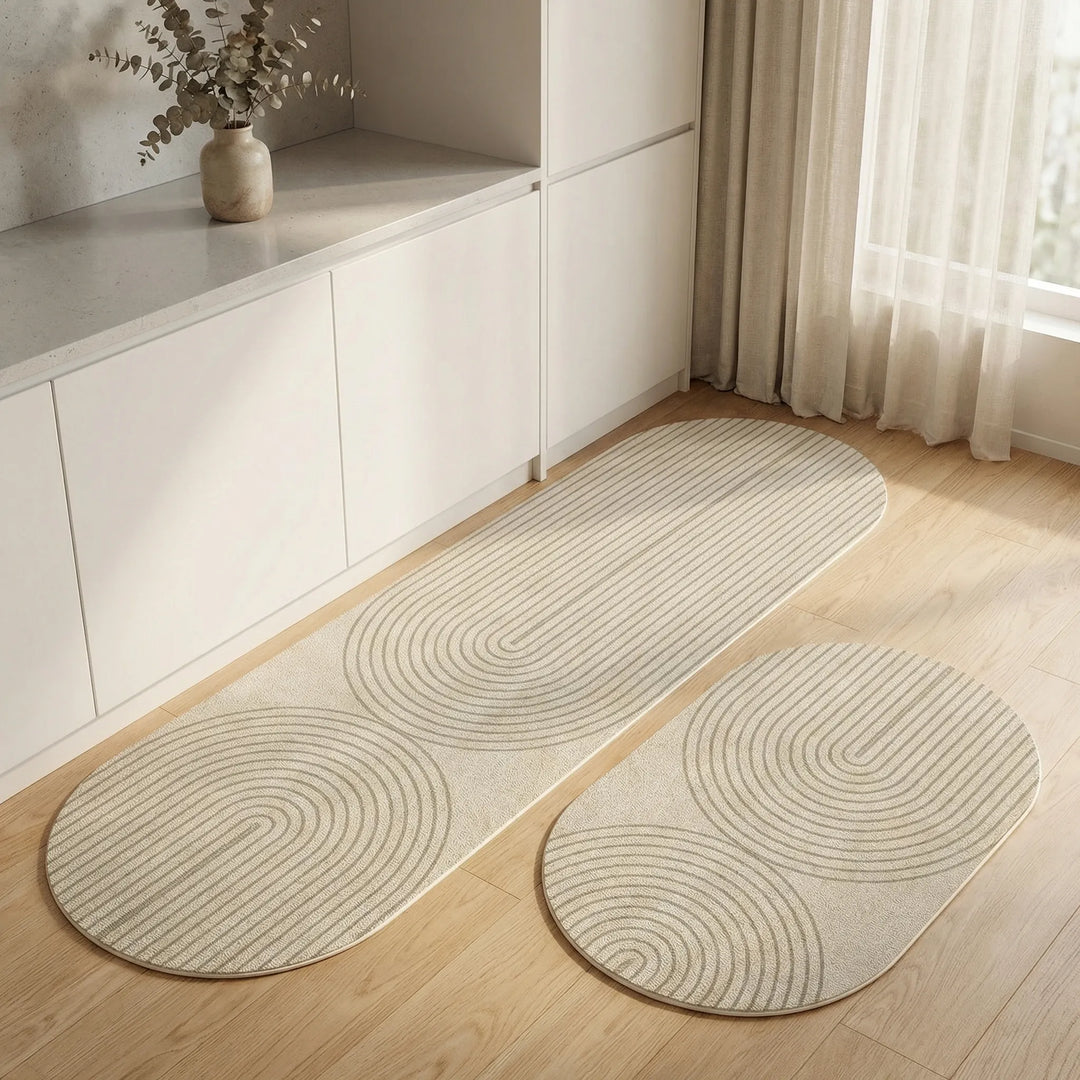 Modern anti-slip kitchen runner rug with elegant waves. Protects floors & prevents slips.