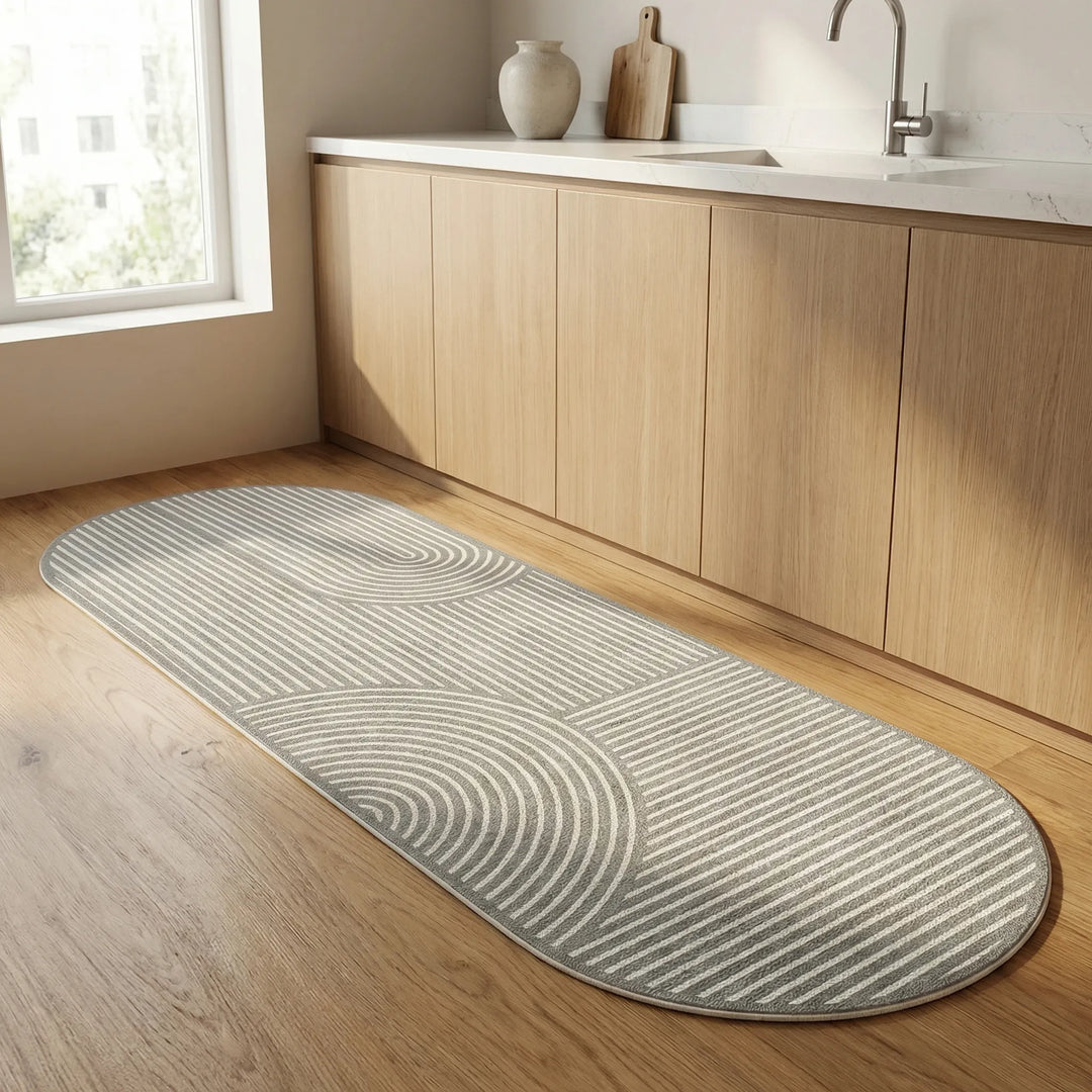 Stylish modern runner rug with a captivating wave pattern, perfect for kitchen or entryway decor.