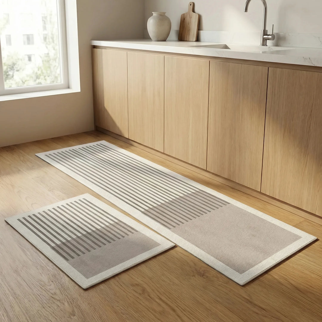 Safety-first anti-slip kitchen runner rug. Easy-clean, absorbent, & features a sleek wave pattern.