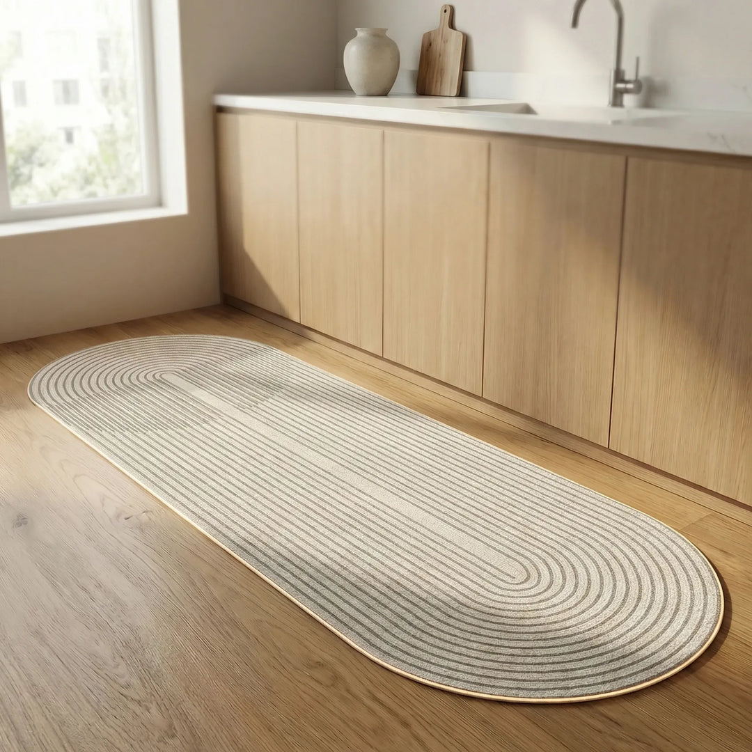 Contemporary wave-patterned runner rug for kitchen & entryway. Washable, anti-slip, & home decor.