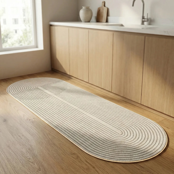 Contemporary wave-patterned runner rug for kitchen & entryway. Washable, anti-slip, & home decor.