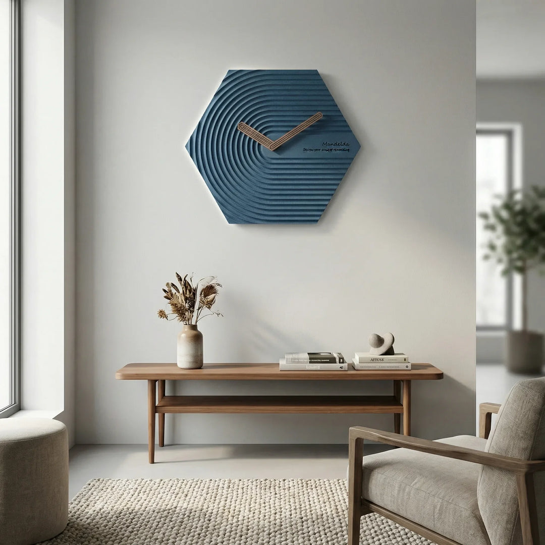 Modern black hexagonal wall clock for living room decor. Silent, stylish geometric design.
