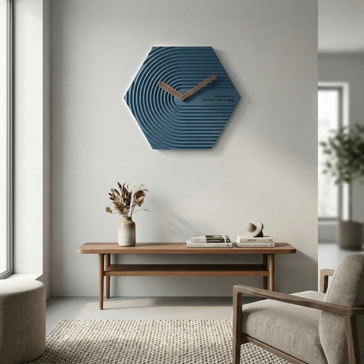 Modern black hexagonal wall clock for living room decor. Silent, stylish geometric design.