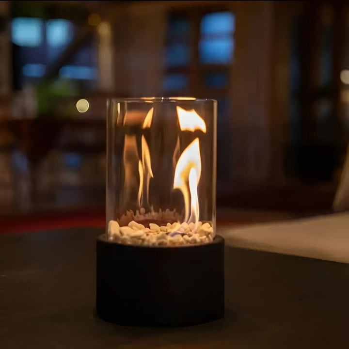 Modern black smoke-free tabletop fireplace, bioethanol-fueled, perfect for elegant indoor/outdoor home decor.