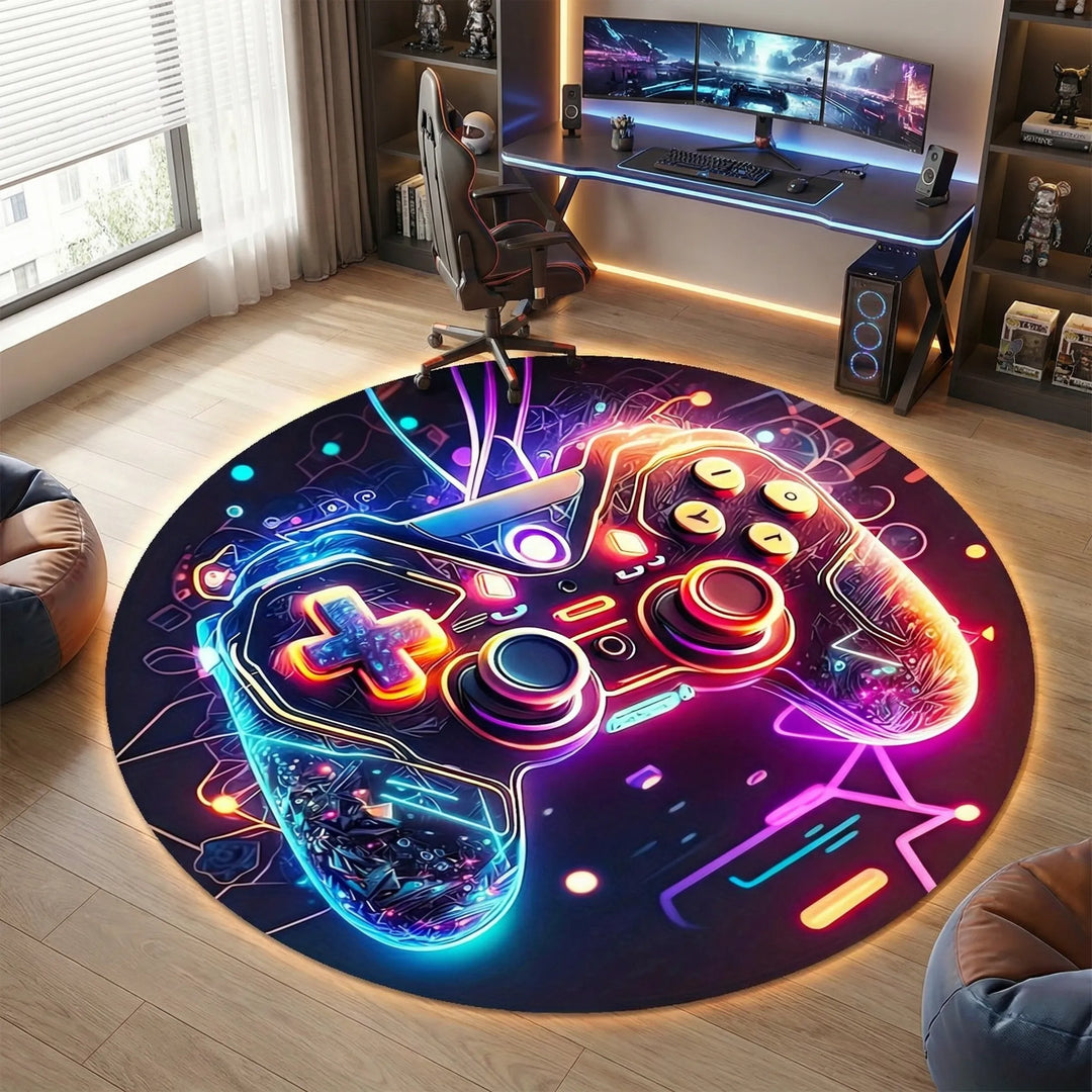 Modern circular gaming area rug with dynamic neon wave design, perfect for a gamer's room setup.