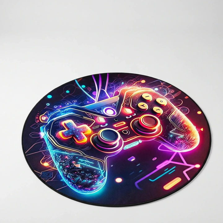 Flowique low profile circular gaming rug featuring a vibrant wave pattern for ultimate room ambiance.