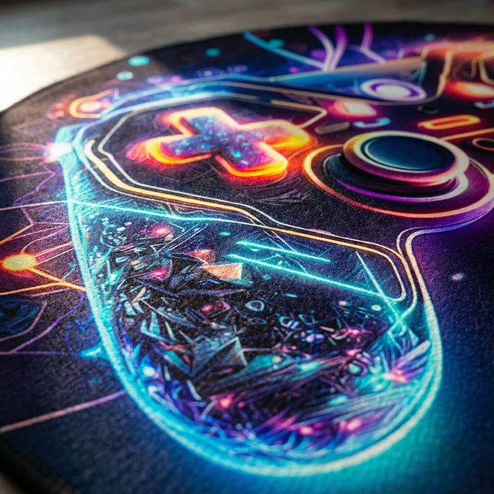 Statement gaming floor rug with abstract neon waves, ideal for modern gamer room decor and setup.