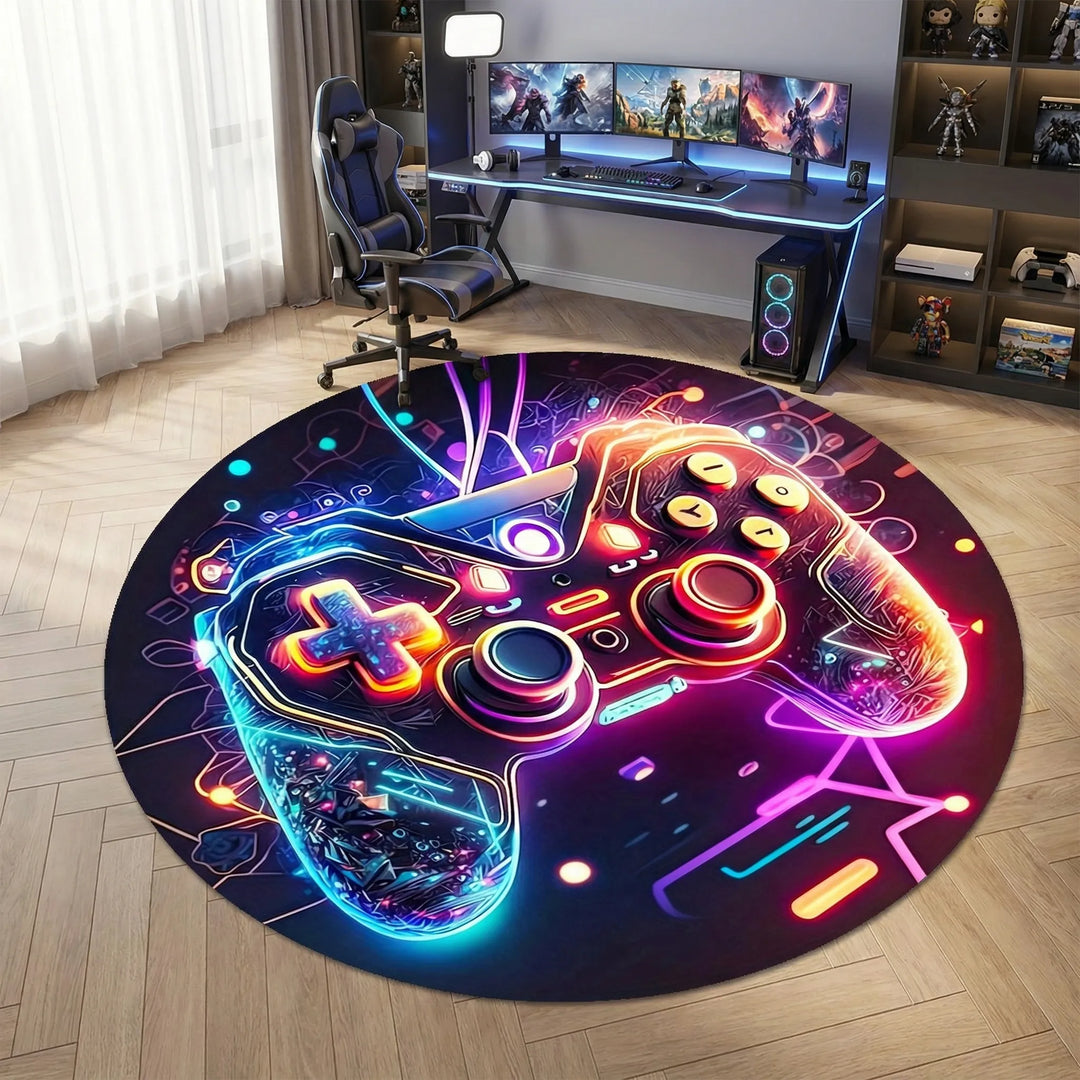 Dynamic wave pattern gaming area rug, a stylish modern circular floor mat for any gamer's setup.