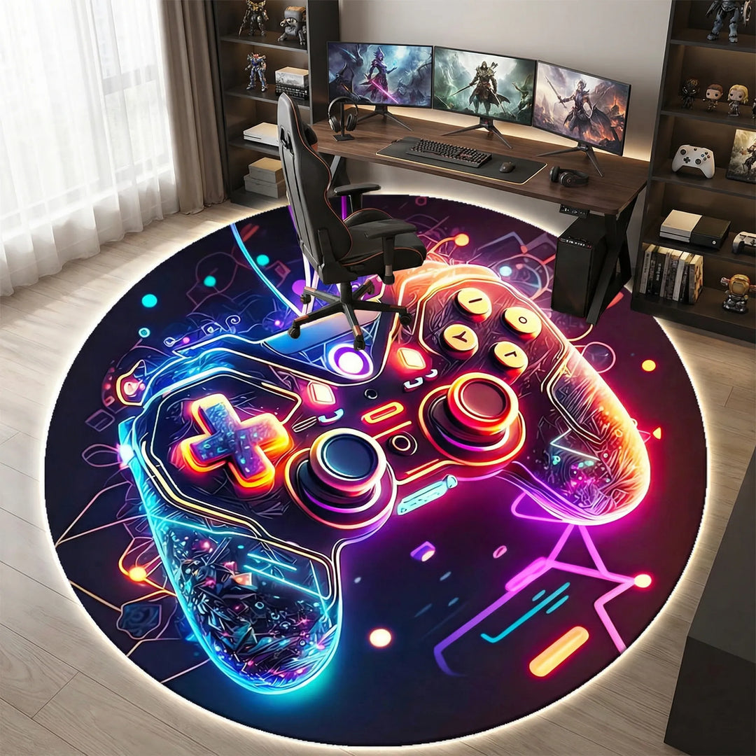 Vibrant neon gaming rug with a unique wave design, enhancing any gamer's room decor with modern style.