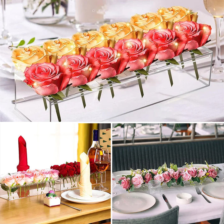 Modern clear acrylic flower vase, perfect for sleek home or event decor, showcasing floral arrangements.