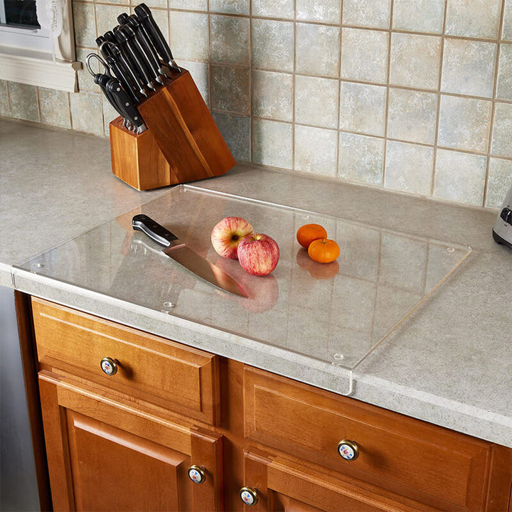Hygienic, durable clear acrylic non-slip cutting board for professional or home cooking. Easy to clean.