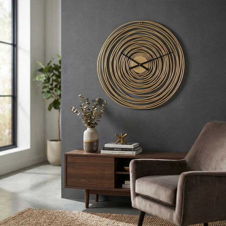 Modern decorative wall clock with unique spiral design for elegant home decor.