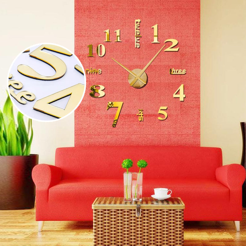 Modern DIY frameless wall clock with large 3D numerals, perfect for living room decor