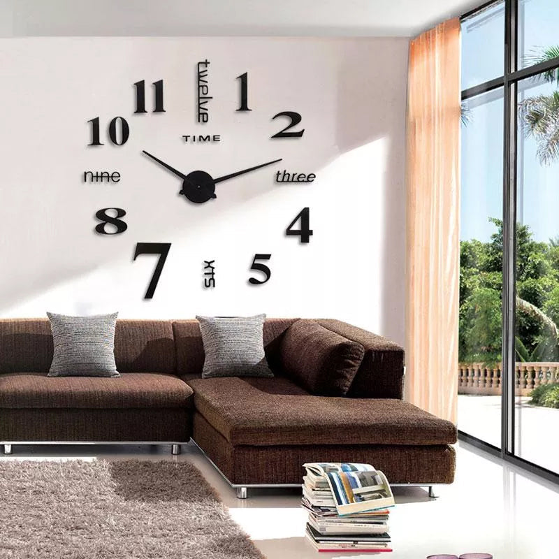 Acrylic 3D numbers of a DIY frameless clock, reflecting light, for modern interiors