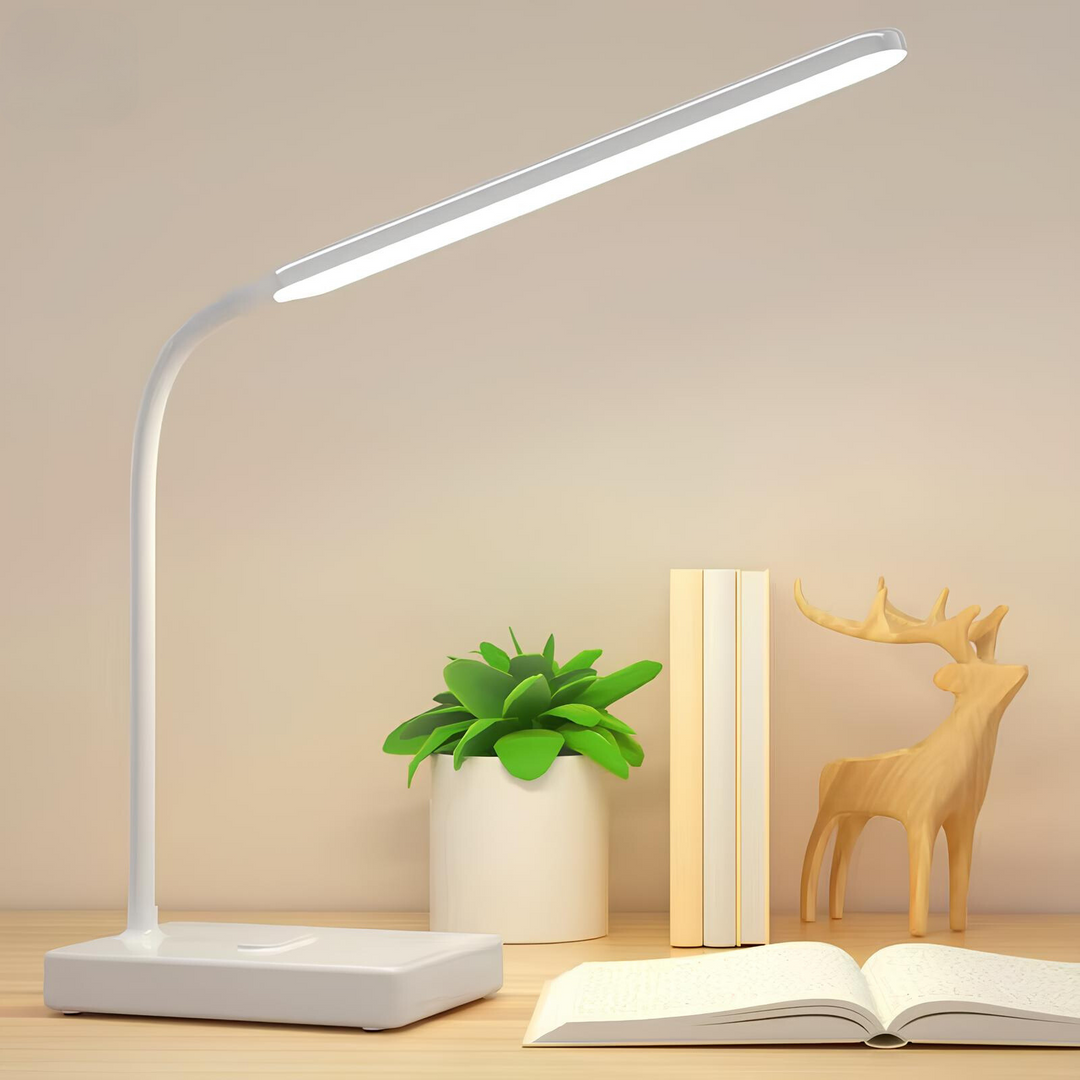 Dimmable LumoFlex LED desk lamp with flexible gooseneck, USB rechargeable & plug-in for versatile use.