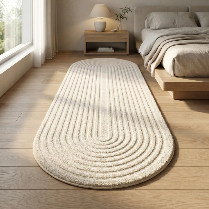 Minimalist bedroom area rug, a soft and modern runner with non-slip backing.