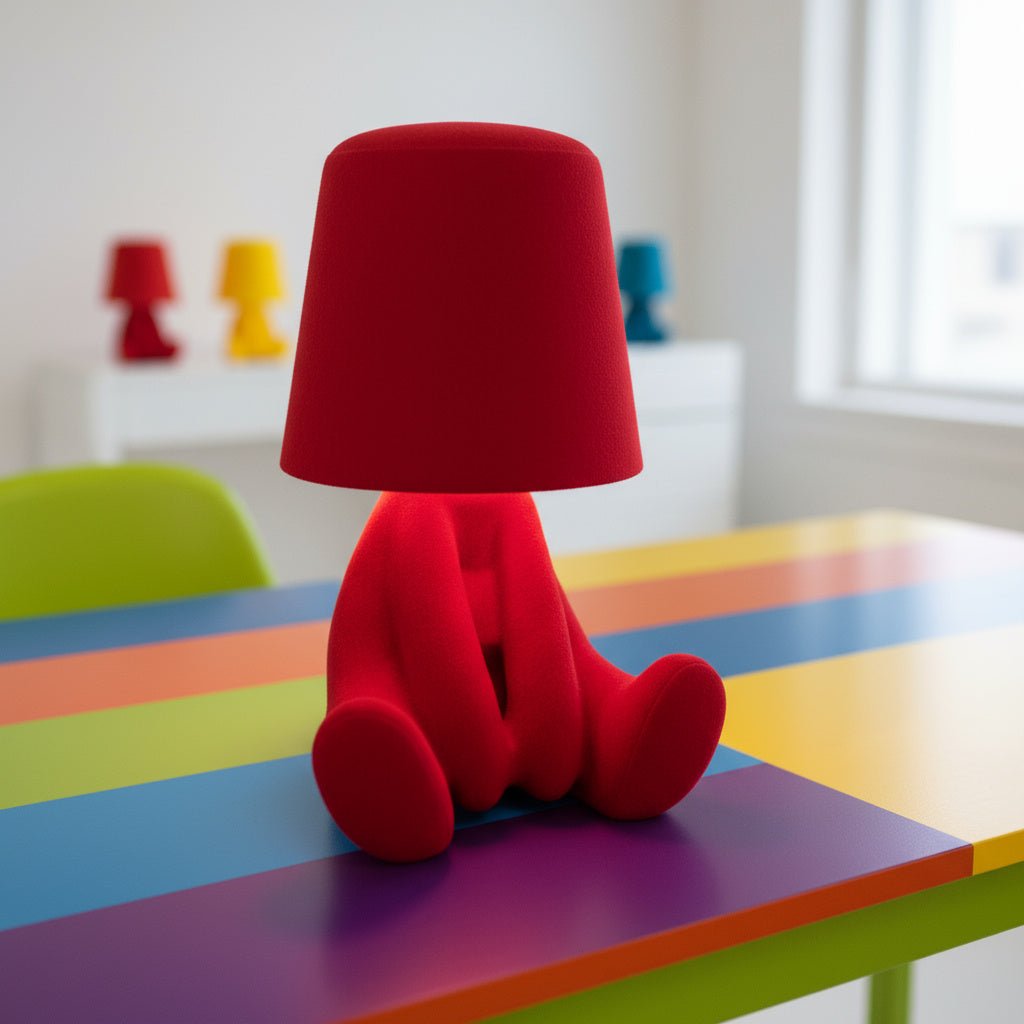 Artistic humanoid LED lamp illuminating a creative workspace; a modern rechargeable desk light.