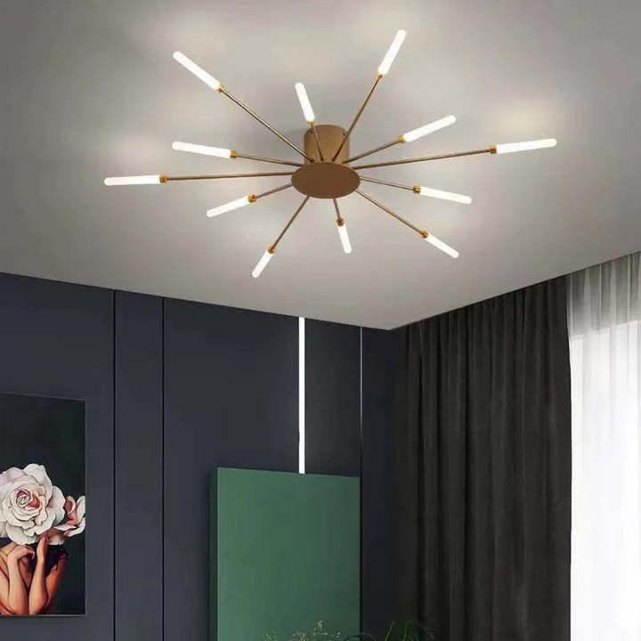 Gold contemporary LED ceiling lamp for a bright and inviting living room.