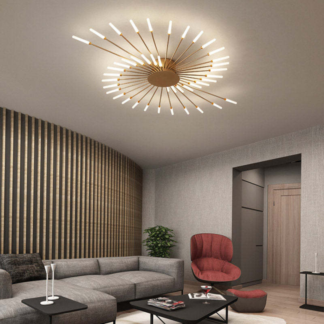 Gold LED ceiling lamp, modern and bright, enhances large bedroom decor.