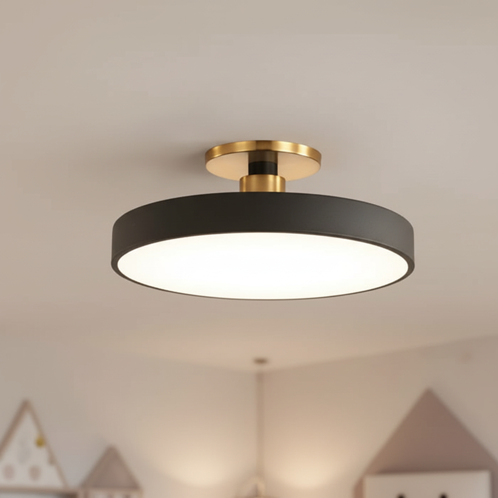 Modern LED semi-recessed ceiling light, Helligon, for cozy bedroom and nursery home decor. Scandinavian acrylic lamp.
