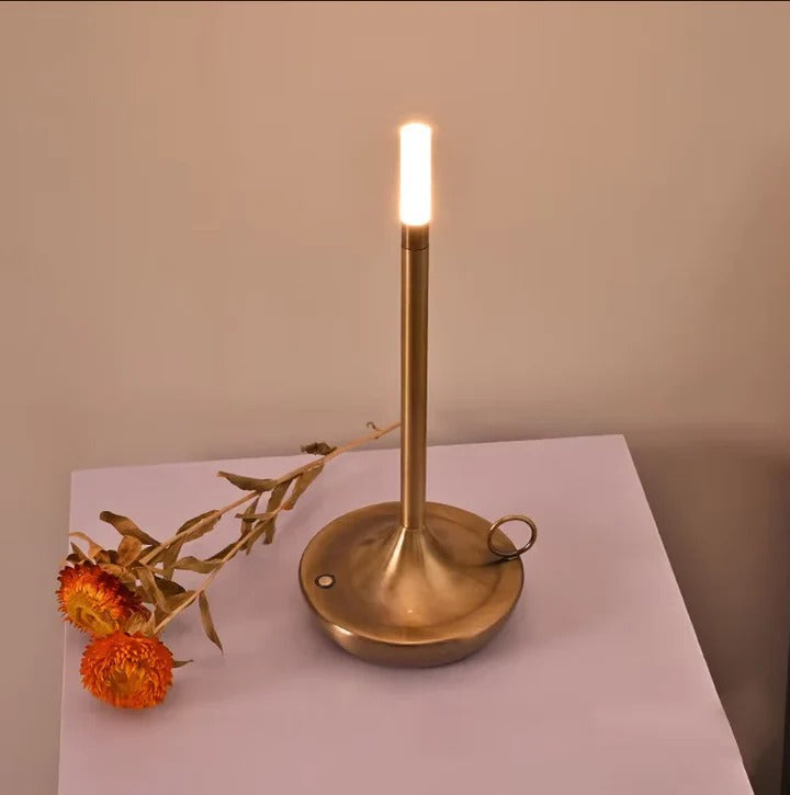 Portable LED table lamp with touch control, dimmable and rechargeable via USB, ideal for bedside or modern decor.