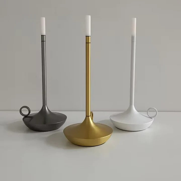 Sleek modern wireless LED touch lamp, dimmable and rechargeable, perfect for contemporary home accent lighting.