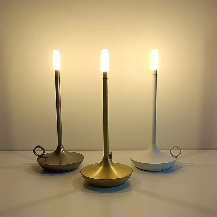 Rechargeable LED touch table lamp, dimmable brightness, modern portable design for flexible wireless home lighting.