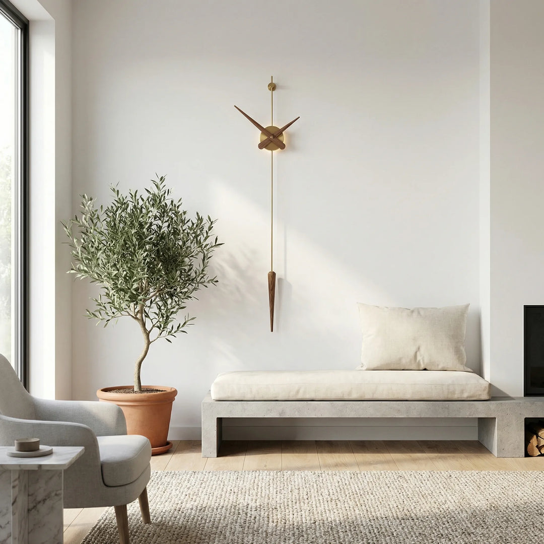 Modern long pendulum wall clock, elegant minimalist design for contemporary living room or office decor.