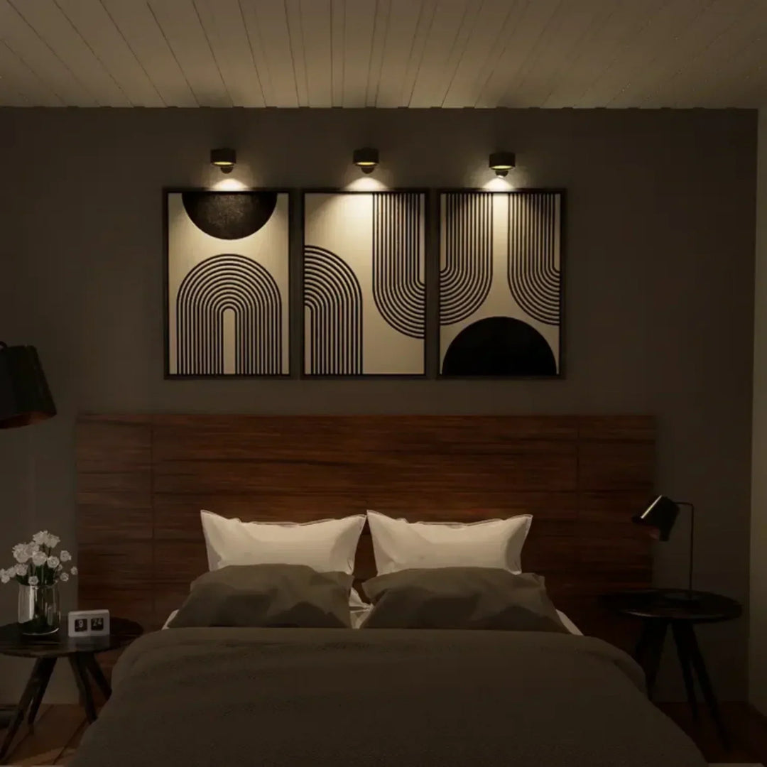 Modern LumoFlex wall light, rechargeable with dimmable LED. Perfect for versatile home decor.