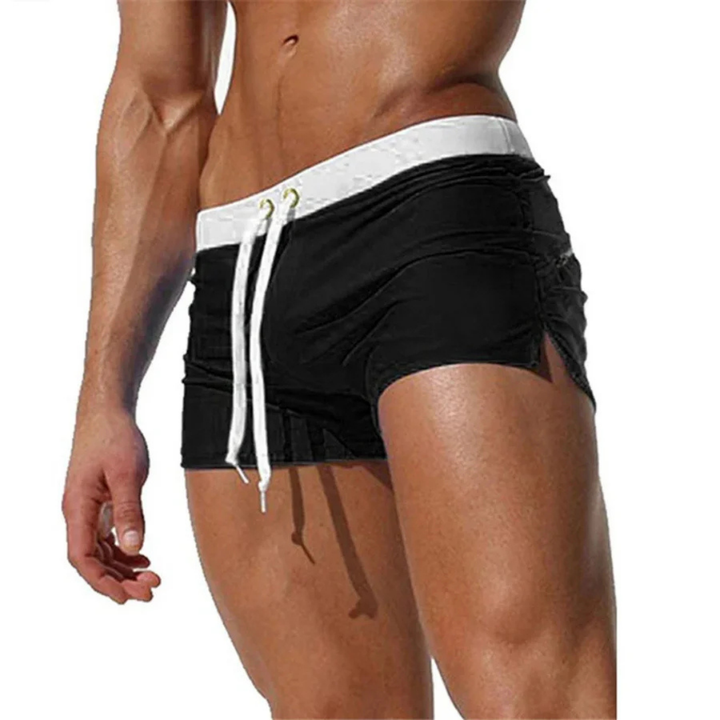 Men's square cut swim trunks with an adjustable drawstring waist for a comfortable, secure fit.